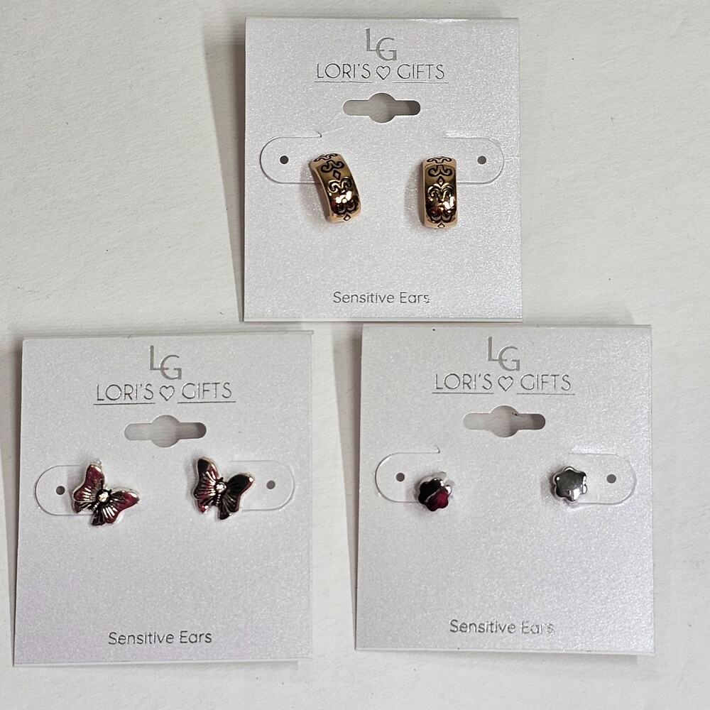 Lori's Gifts Earrings Bundle Lot Butterfly Studs Huggies Sensitive Ears NEW